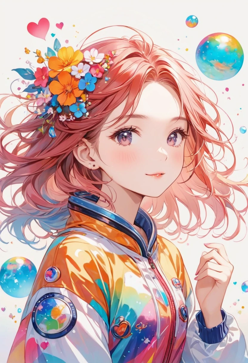 Sakura peach colorful style, Simple line acronym,abstraction,(((the most beautiful girl ever))), (((Red Cliff))), sweet face. Colorful Heart, Interesting design, (((happy dance))), Space suit, (((cute alien))), The background is space