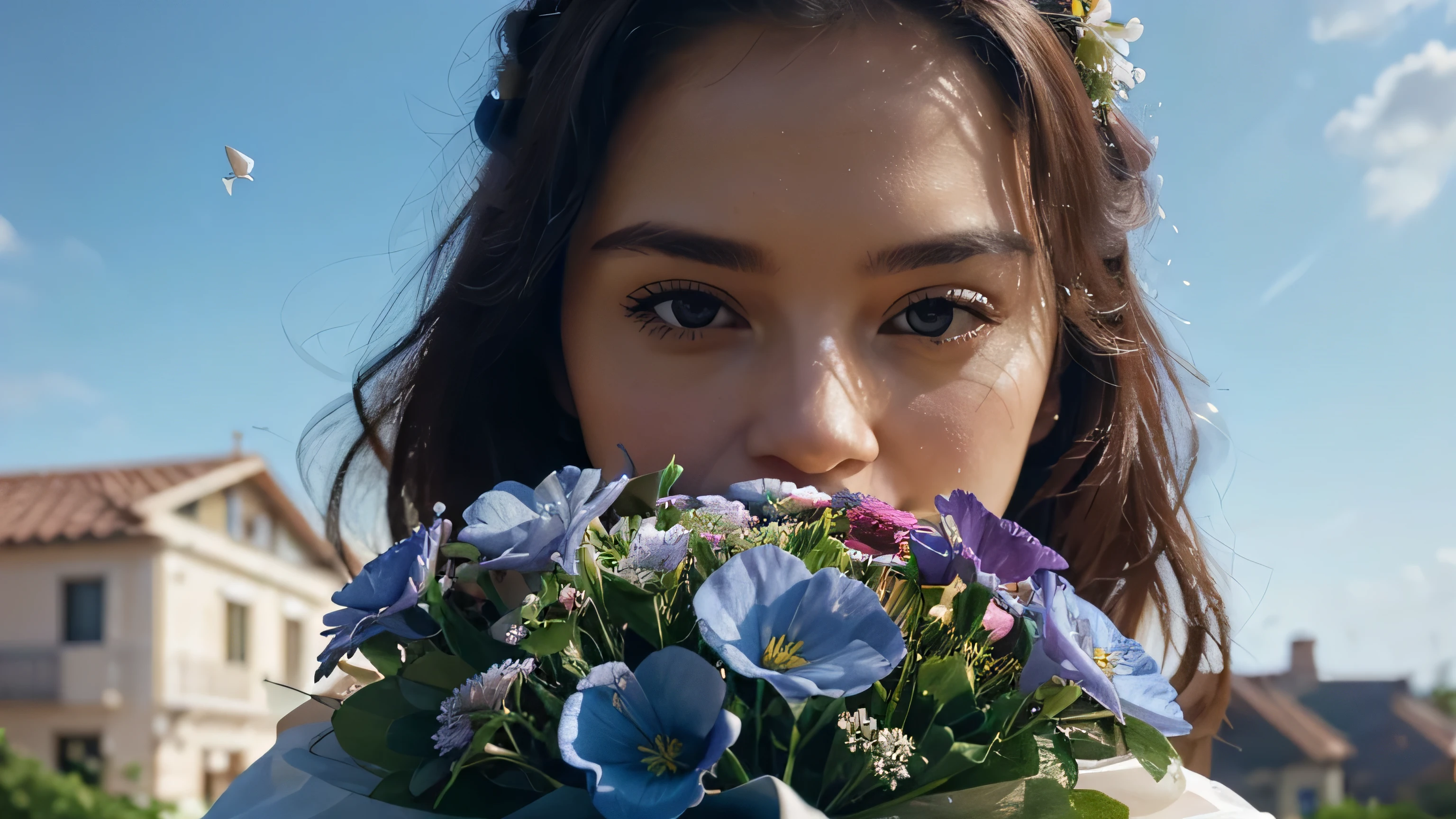 a beautiful azure sky with a bouquet of natural flowers, detailed flower petals, intricate floral arrangements, handwritten text that says "sky", photorealistic, 8k, masterpiece, highly detailed, warm lighting, vibrant colors, soft focus, cinematic, elegant composition