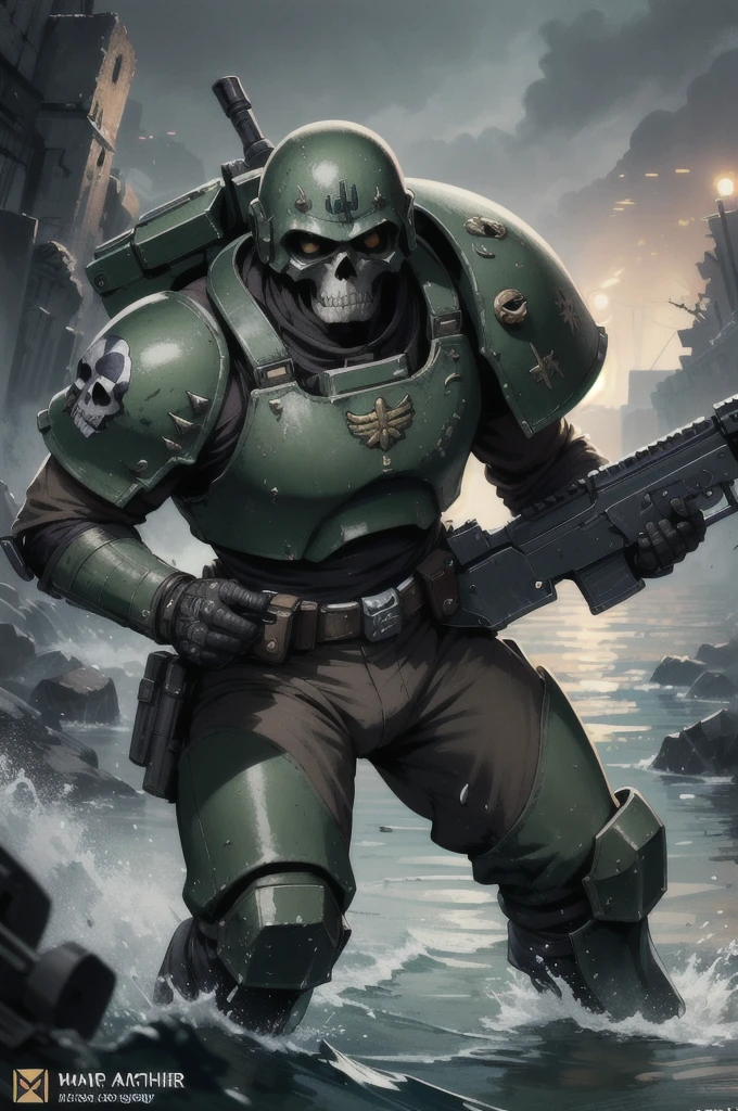 THEPIT, warhammer 40k imperial guardsman, green armor, light armor, shirt, heavy rifle, ammo belt, rugged face, tactical pants, soldier, modern infantry,skull, spikes, knee deep water, toxic water, (masterpiece:1.2) (illustration:1.2) (best quality) (detailed) (intricate) (8k) (HDR) (wallpaper) (cinematic lighting) (sharp focus)(highly detailed face) 