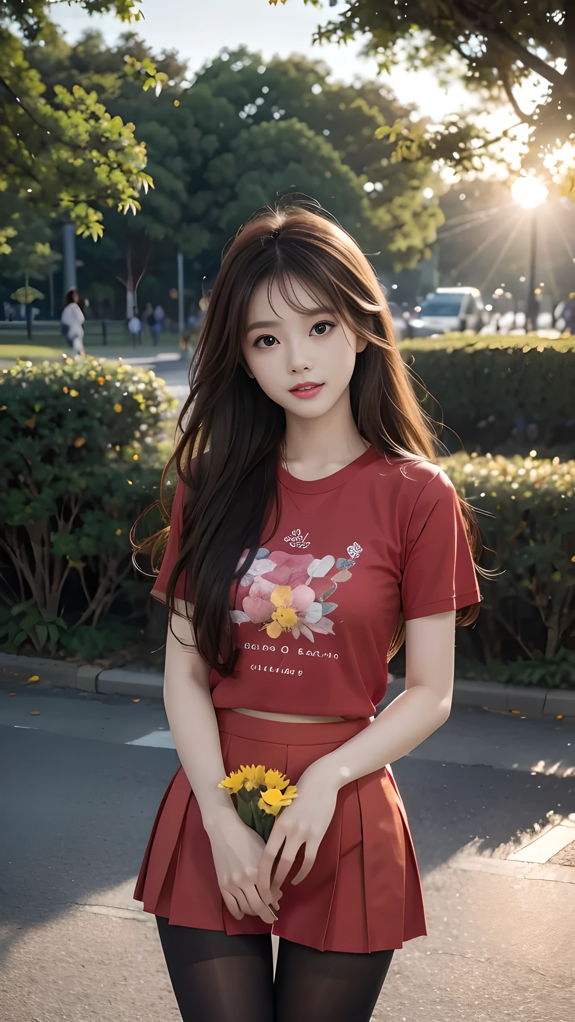 ulzzang-6500-v1.1, (RAW photo: 1.2), (Real photo), (Real photo: 1.4), 1 girl、Perfect anatomy、20 years old、Looking at the camera、Medium length hair、Red T-shirt, skirt, Hand holding a bouquet of bright fresh flowers, ((in the park at sunset: 1.1))、(Hyperrealistic tights: 1.2), (Business service)、Asian eyes Ella,