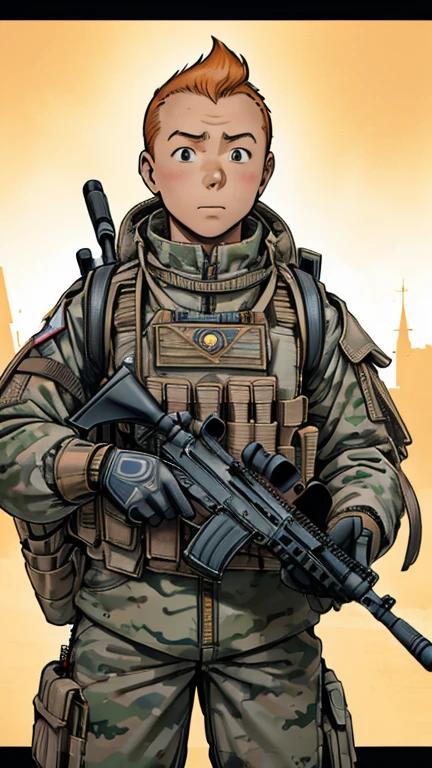 (Teens:1man: Tintin), (extremely detailed CG unit 8k wallpaper),(master part), (best quality), (ultra detali), (best illustration),(ruanyi0308,armor,assault rifle,camouflage,holding weapon,load bearing vest,backpack,m4 carbine), cowboy shot, (Sharp eyeliner, ombre, detailed eyes:1),Dark Police station interiors background, ,break , upper body, short hair, orange hair