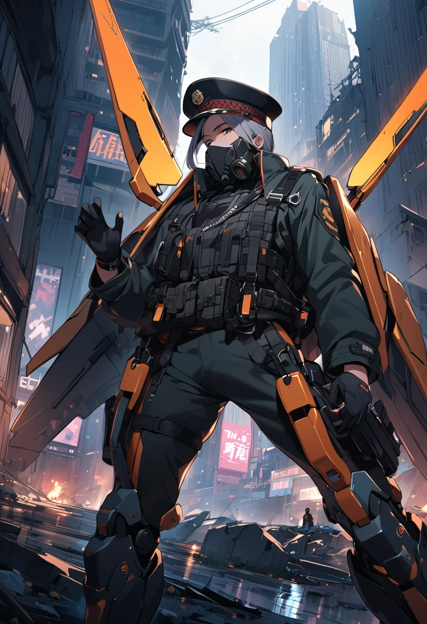 (masterpiece, best quality:1.1),one man,officer Kroenen,(boy pose),(black military cap,military Gasmask,black gloves,many gear shaped button,has gun(Luger-P08),mechanical wings,),Mecha wings that shine like neon,BREAK cyberpunk military-suit,thin man,ruins of a big city,japan,