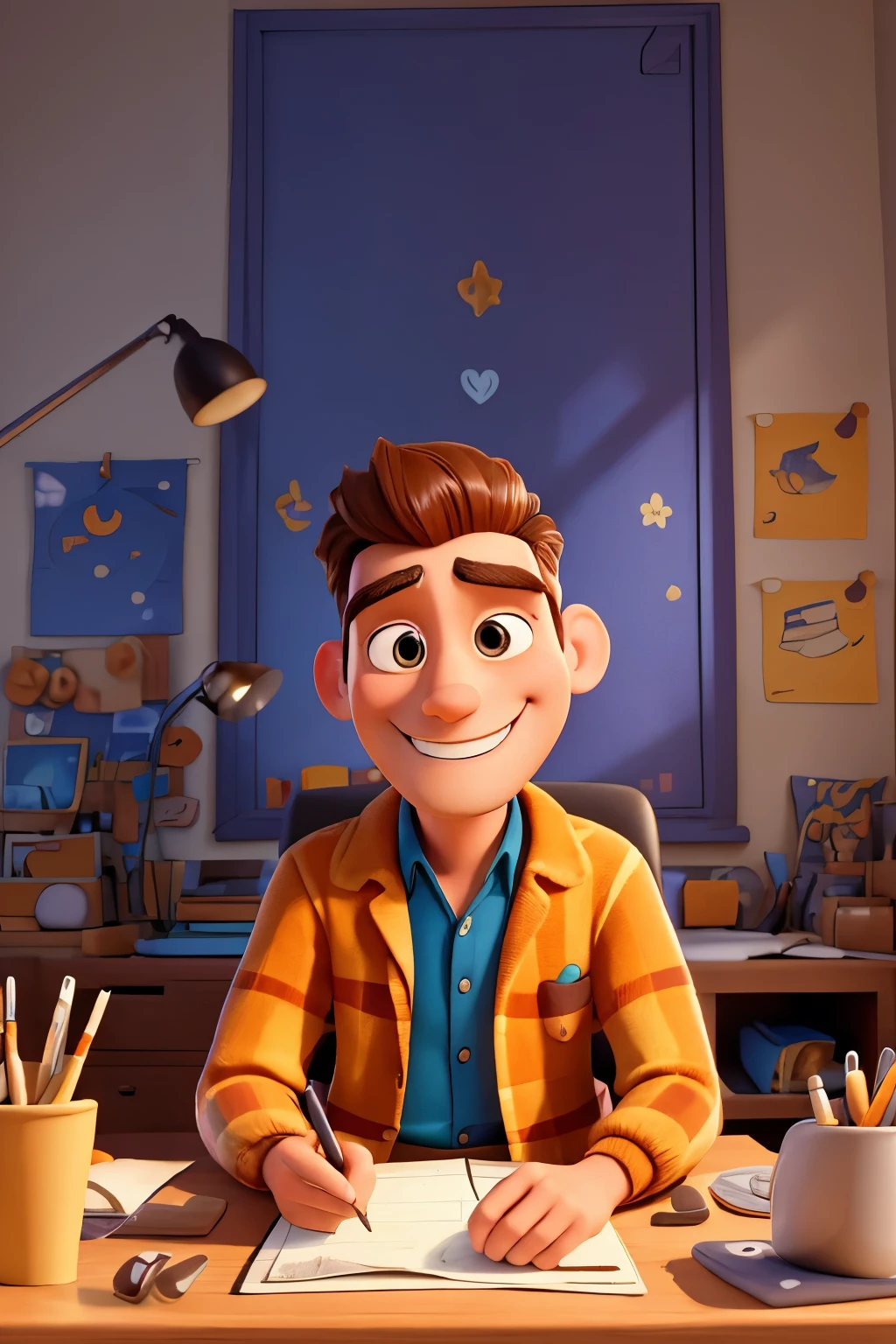 In this stylized Pixar 3D and hyper-detailed painting, we found a happy 27 year old man dressed in a costume. The man is smiling warmly, with intricate details in your expression, including fine lines around your brown eyes, sitting at a desk working in front of a laptop. The background is a vivid and cheerful morning, with the sun shining and casting dynamic shadows. The season is spring and the image conveys a uniform and vibrant atmosphere.