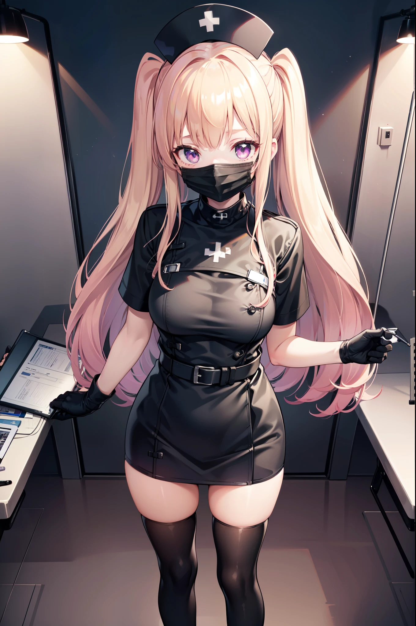 black nurse, 1girl, solo, black nurse cap, black nurse uniform, ((black legwear, zettai ryouiki)), black elbow gloves, twintails, yellow hair, purple eyes, ((black surgical mask, covered nose)), standing, ((surgery room)), sharp outline, short sleeves, best quality, masterpiece