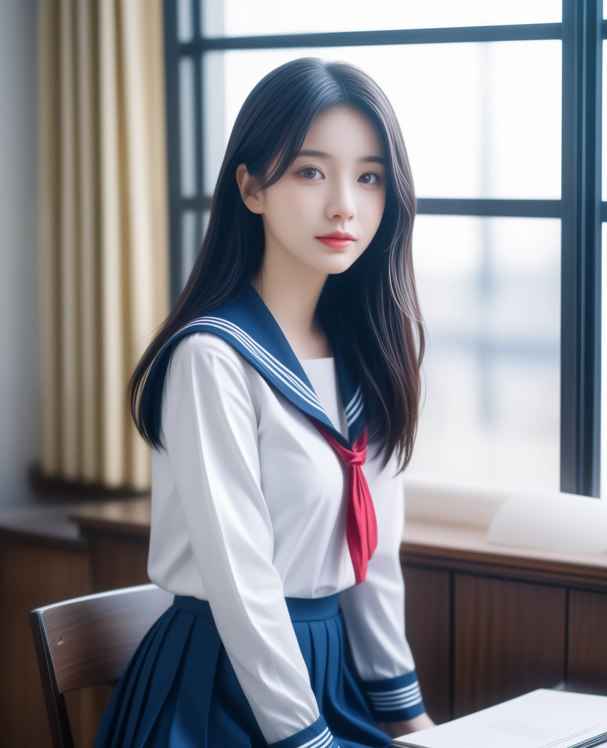 (masterpiece, 8k, best quality:1.2), sitting in the classroom, panty visible, 1girl, 18 years old, sailor uniform, beautiful detailed eyes, beautiful detailed lips, extremely detailed face and features, long eyelashes, school interior, desk, chair, window, sunlight, realistic, photorealistic, vivid colors, cinematic lighting, warm tones, highly detailed