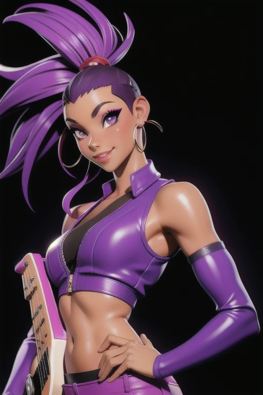 masterpiece, best quality,3d rending work ,3DMM style 3D,1african American girl, solo, realistic, (outside background), makeup, perfect lighting, seductive look, seductive smile, smile, yamanaka ino purple hair, Mohawk, purple eyes,  purple clothes, sleeveless, armpits, midriff, sexy tummy,  detailed skin, realistic skin texture, sweaty skin, skin pores, African American girl, playing a electric guitar.