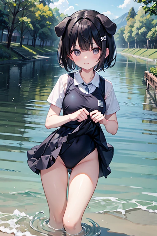 Dog-eared girl drowning in the river,Short Hair,Black Hair,School Swimsuit