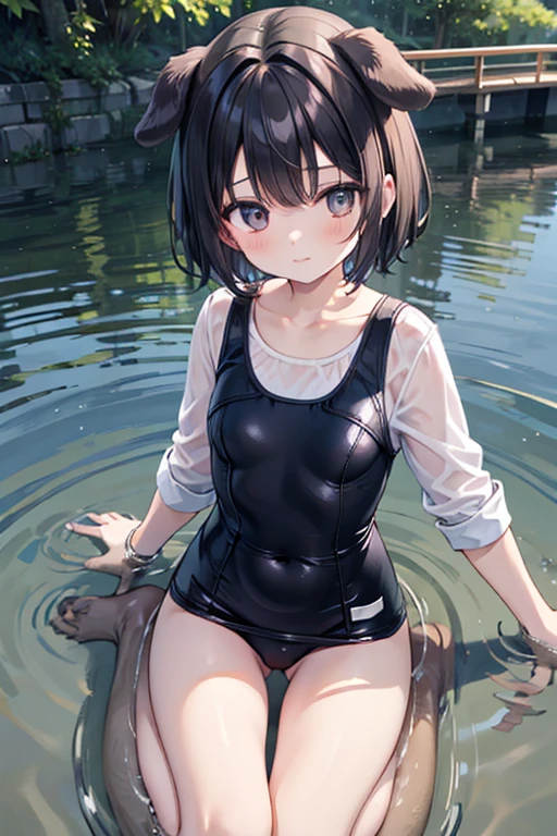 Dog-eared girl drowning in the river,Short Hair,Black Hair,School Swimsuit