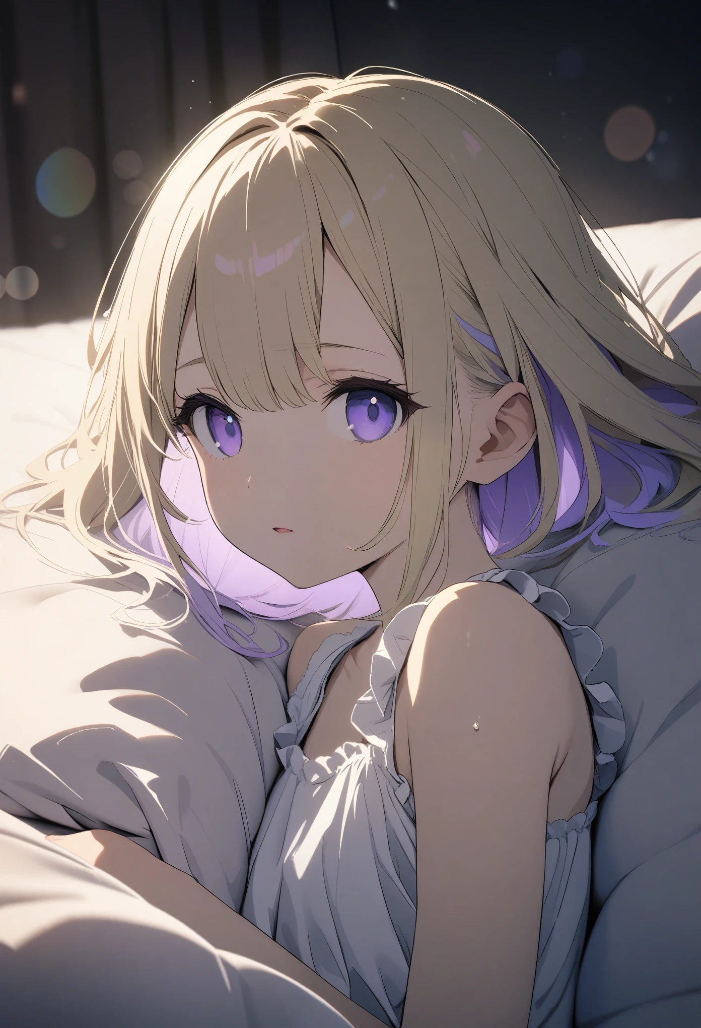 , ((High-end sexy luxury))、(Blonde、Light purple inner color hairstyle), Beautiful Hair, Facial Contour, Remember, Hotel, moonlight、splash, Lens flare,, Natural Color, High resolution, Very delicate, Very detailed, 8k,(Breast swelling、About B cup)、(Shyness),((Sexual))、bed、(Sexualな画角)