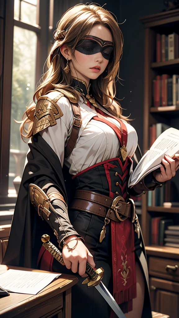 blindfolded woman with a scroll or sword in one hand and scales in the other hand