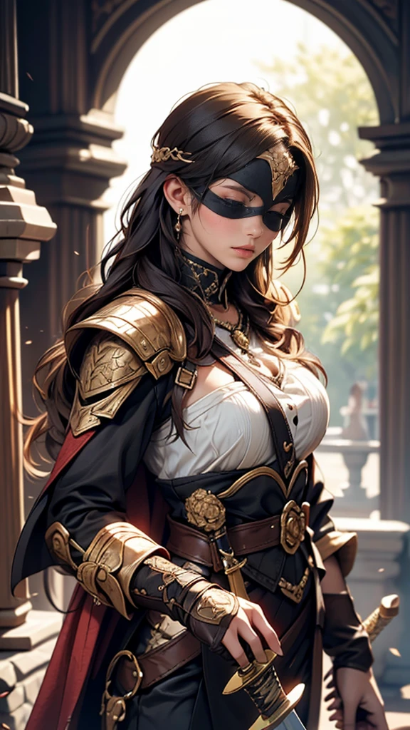 blindfolded woman with a scroll or sword in one hand and scales in the other hand