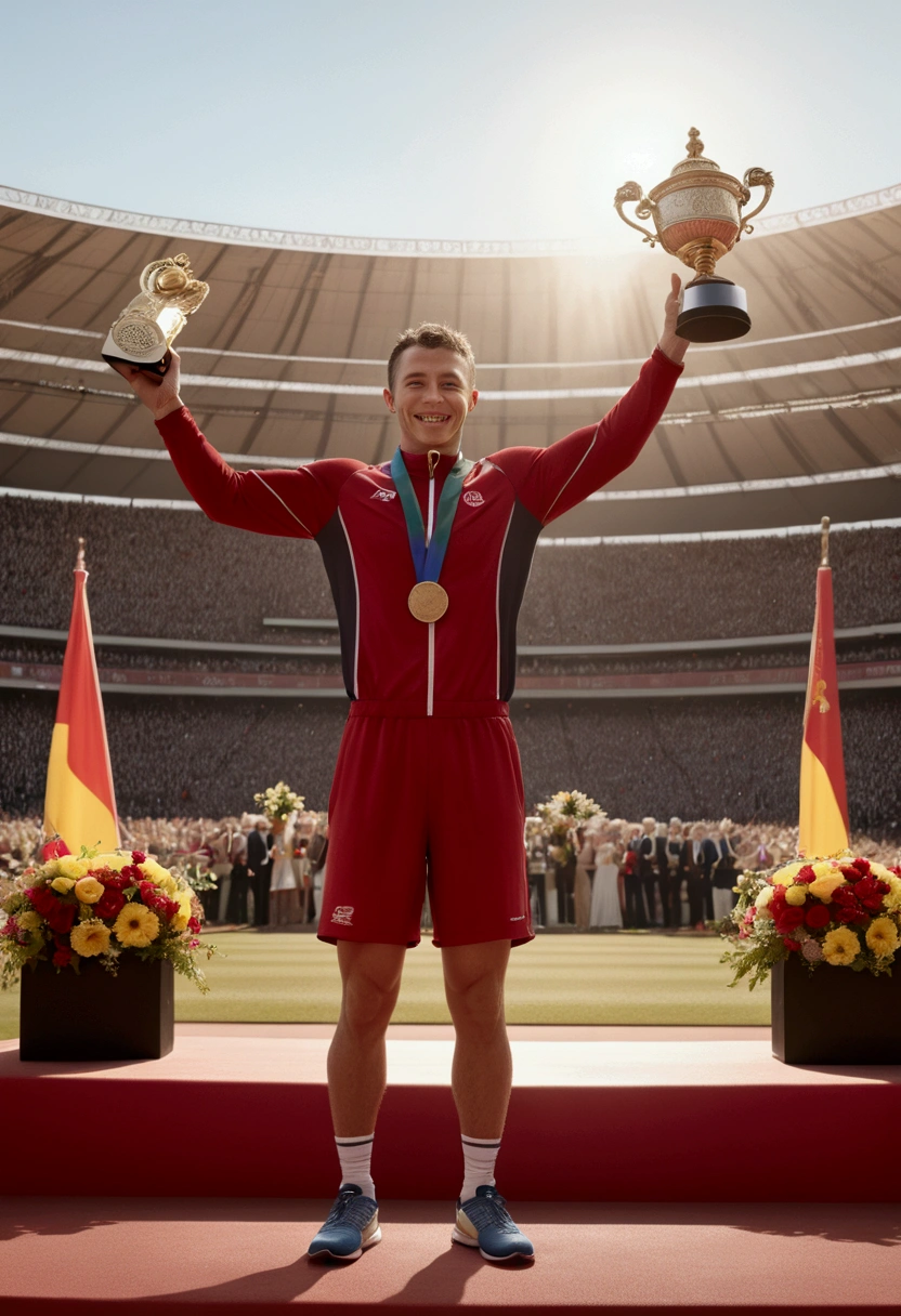 (Award-Winning Moment, holding prize), An athlete stood on the podium, with golden sunlight shining on him and a cheering crowd behind him. He held the trophy tightly in his hands, with a proud smile on his face. His sportswear was bright red, and the podium was surrounded by colorful flowers, full body, award-winning, cinematic still, emotional, vignette, dynamic, vivid, (masterpiece, best quality, photorealistic, Professional, perfect composition, very aesthetic, absurdres, ultra-detailed, intricate details:1.3)