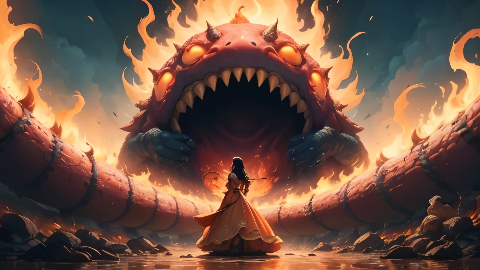 ((best quality)), ((masterpiece)), (detailed), A digital illustration of an injured long black haired woman standing and having a laugh of victory with a giant monster made up of writhing worms getting destroyed in the background. She is wearing a peach-colored princess dress and the background is fiery lava