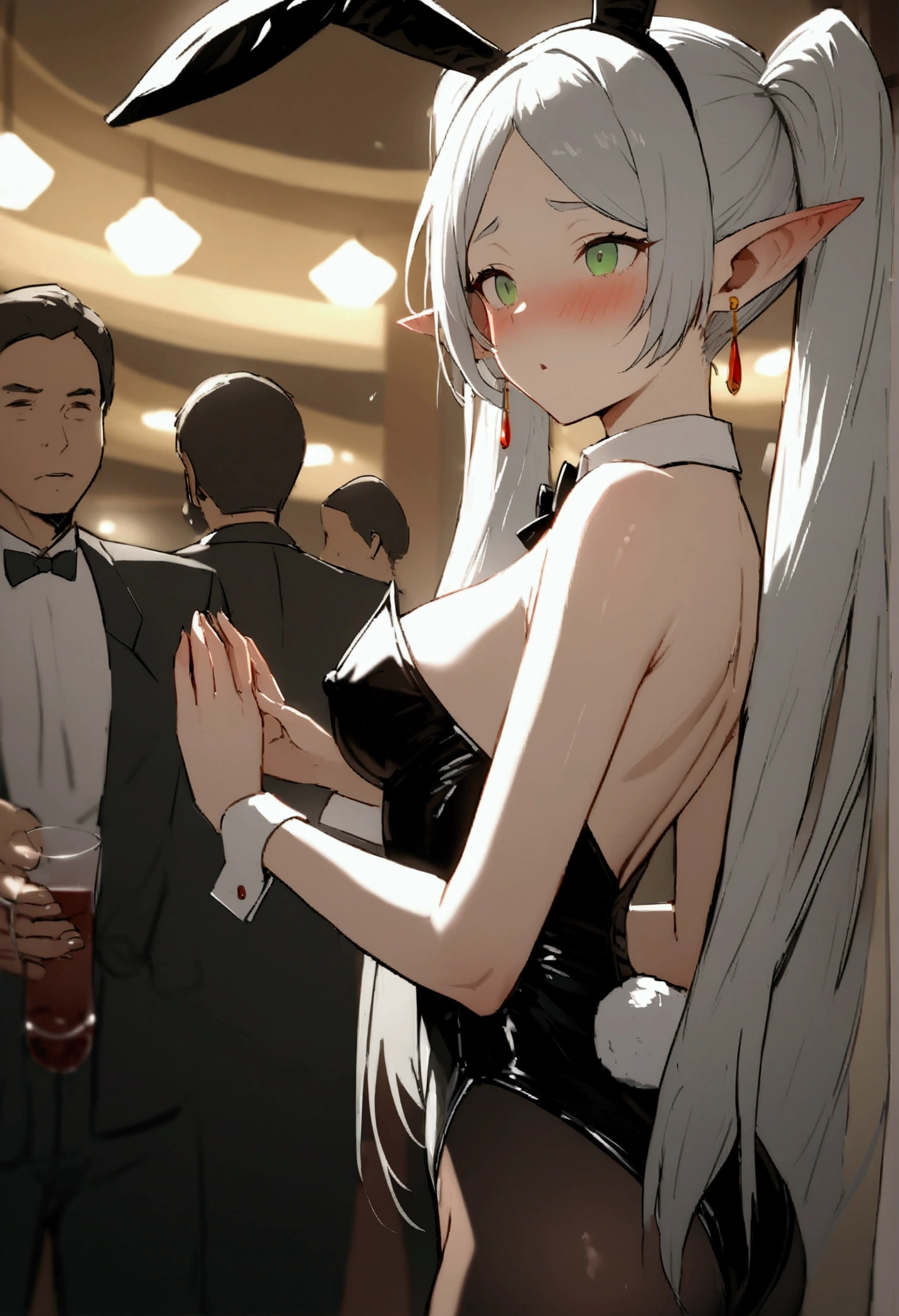 NSFW,masterpiece,Highest quality,High resolution,Very detailed,Frielen\(葬送のFrielen\),Pointed Ears,Green Eyes,Twin tails,very long hair of white color,, Earrings,Playboy Bunny,Black Pantyhose,casino,blush,sake,Serve customers,A large number of people,A man slaps a woman&#39;s buttocks