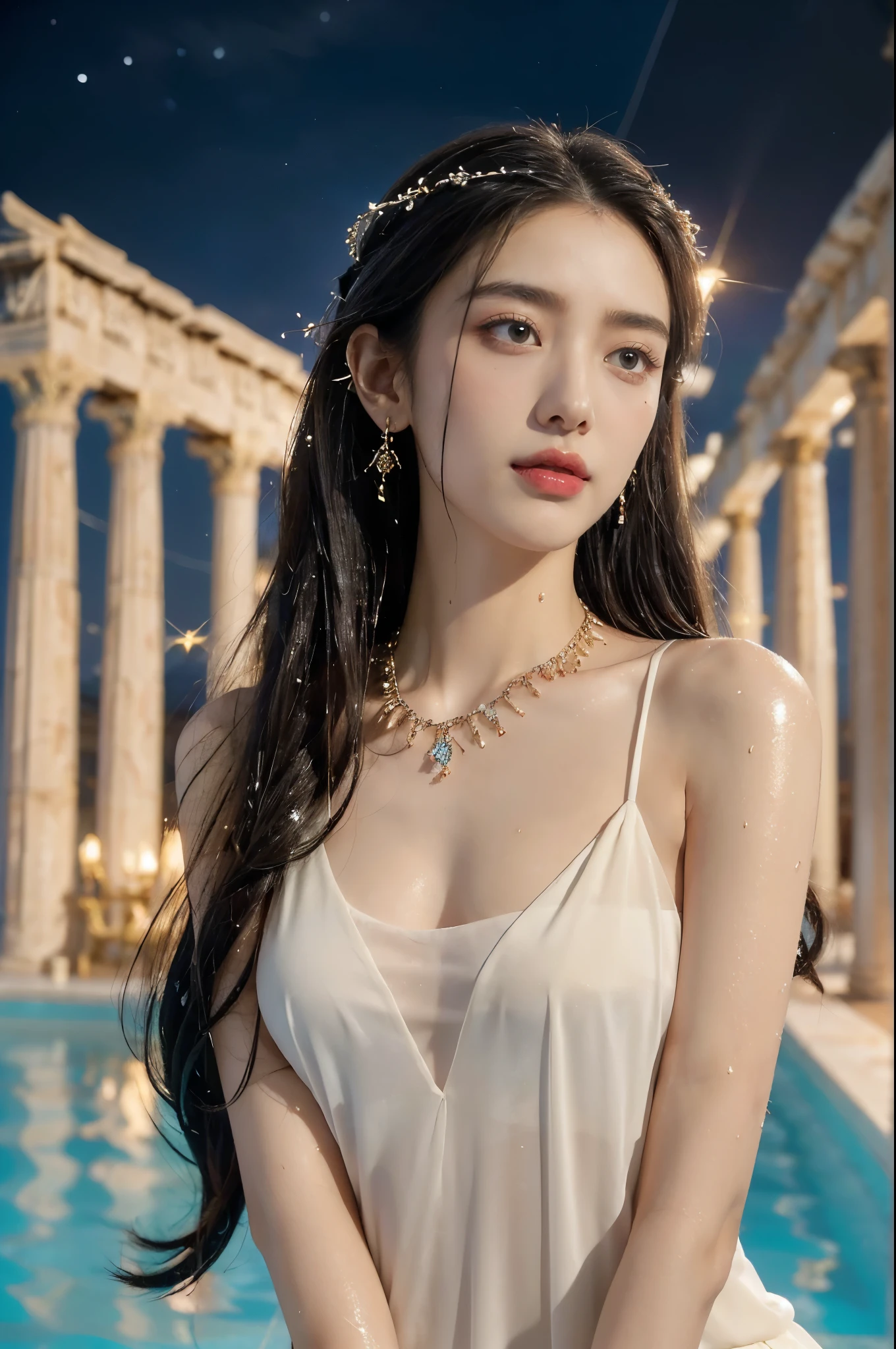 (((best quality))),(((ultra detailed))),(((masterpiece))),illustration,((1 beautiful girl,ancient greek princess,solo)),((earrings,crystal necklace)),(((sweat,wet,shiny skin))),((slim,thin)),((small breasts,flat chest)),(Gorgeous sheer dress:1.3),(slender legs:1.2),(((luxurious pool,grand temple,starry night sky))),summer,radiant complexion,(shoulder length straight hair:1.2),graceful,intricate patterns,embellishments,shimmering fabric,rainbow colors,gentle waves,fragrant oils,lush plants,elegant columns,serene ambiance,(surrounded by crowded crowds of attendants:1.3),ritual of cleansing,opulence,tranquility,solitude,busy life,timeless,enchanting image,essence of ancient greece,((from front,upper body))
