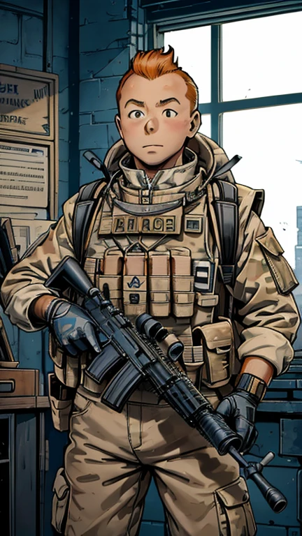 (Teens:1man: Tintin), (extremely detailed CG unit 8k wallpaper),(master part), (best quality), (ultra detali), (best illustration),(ruanyi0308,armor,assault rifle,camouflage,holding weapon,load bearing vest,backpack,m4 carbine), cowboy shot, (Sharp eyeliner, ombre, detailed eyes:1),Dark Police station interiors background, ,break , upper body, short hair, orange hair