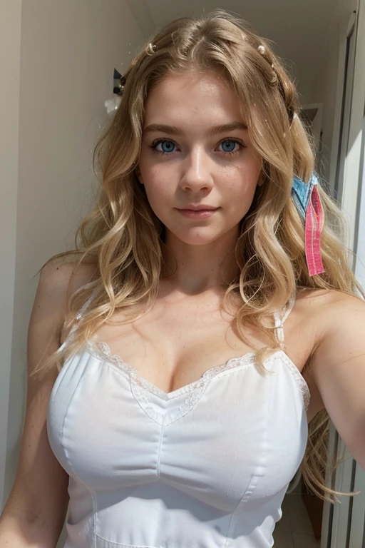 beautiful blonde, beautiful white dress (22ans, visage innocent, naturally wavy hair, blue eye), selfie haut du corps heureuse, best quality, ultra detail