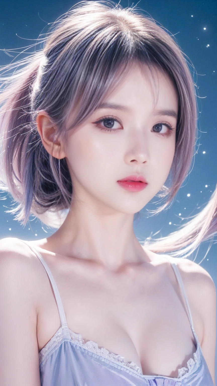((masterpiece,best quality)),(Negative Space:1.4),(1 Girl, Solitary:1.4),Beautiful and delicate eyes,Floating pale pink and lavender hair, Lavender-colored eyes, night, Starry Sky, The stars shine
