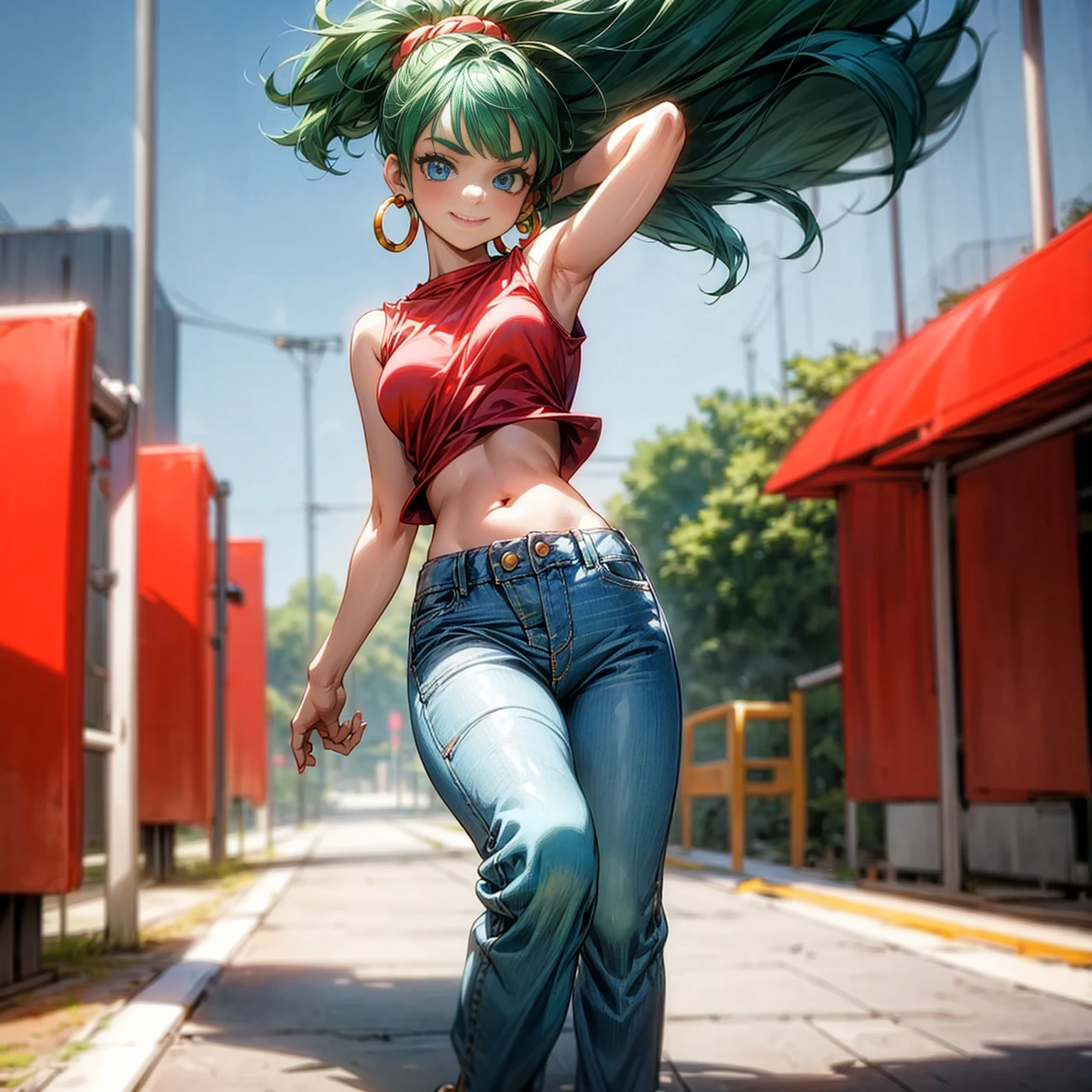 Solo character, young girl, full body version, blue eyes, green hair, short Curly hairstyle, ponytail, red sleeveless t-shirt, long jeans, white shoes, Grassroots, background outdoor room, morning day, (one piece style art), standing gesture, happy eyes, smile mouth, clown makeup, Hoop earrings
