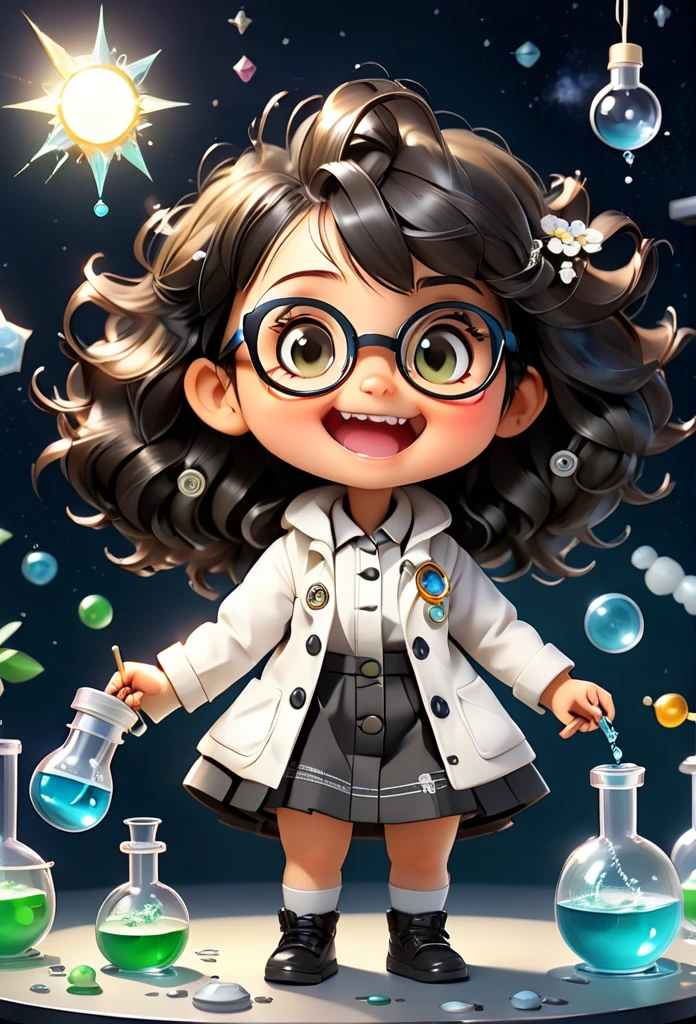 (((Chibi Baby UHD)))Chemistry permaneça com suas carateristícas originais (seus olhos sao cor de mel ) (chibi nao usa brincos)MASCOT and , atoms, Molecules ,Has black hair , Blind box style and model with popular market style, The sunlight shines, , hyper qualit, sharp features, Ultra HD and 8K resolution,Cool Hand Drawn Illustration，fly away (Inside out disgusting), Create a series of best quality cute chibi dolls,ultra details,realisitic,Science Laboratory,Chemical experiment,ultra HD, chemical equipment,scientists working,cups,UHD Bunsen Burner ,Microscope,laboratory glassware,measuring cylinders,labcoats,Round nerd glasses ,science books,Periodic table,scientific research,discoveries,new inventions,innovation,aprendizagem,education,Scientific culture wears coat with details of buttons and brooches , her coat is charming and cute with ultra chemical details ,Curiosidade,Technological advancements,swirly vibrant colors,soft lighting,modern laboratory,nerdy atmosphere,laboratory instruments,hypothesis testing,Scientific method,symbolic representation,Critical thinking,experiments ,precision,precision,Intricate details,impressive scientific setup,natural elements,exploration of the mysteries of science,unlocking the secrets of nature. Baby chibi is happy and excited, remember to use chemical laboratory glassware, The chalkboard behind the cute chibi baby is written the structure of caffeine in white chalk 18K UHDBlack hair, very long hair, American propaganda poster, shine light, 3D rendering, Riso, 