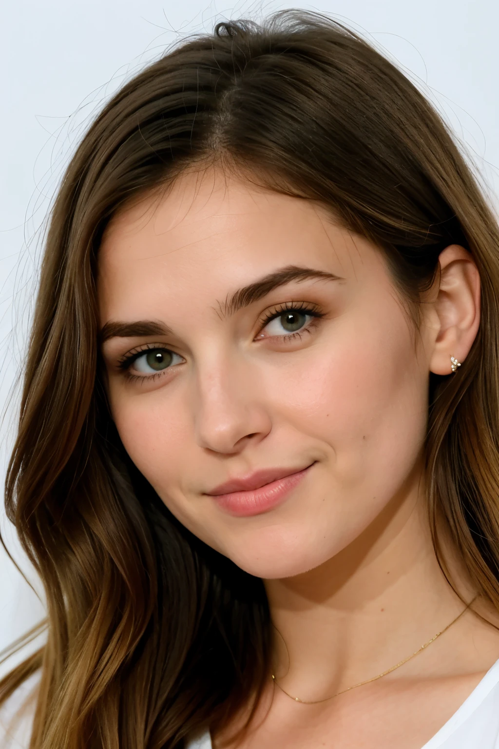 créez une femme brune avec de grands yeux verts une bouche pulpeuse mais naturelle, et un nez fin. ses cheveux doivent être longs et lisses tombant délicatement sur ses épaules. ses yeux verts sont lumineux et expressifs reflétant une profondeur intérieure et une certaine douceur. sa bouche, bien dessinée doit avoir une apparence naturellement pleine, sans exagération. son nez fin complète harmonieusement les traits de son visage lui donnant une allure élégante et raffinée 