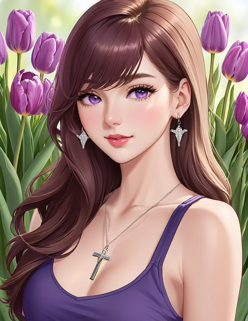 Female with long and wavy  hair and V-shaped bangs, lilac tulips and simple tank top, crucifix necklace 
