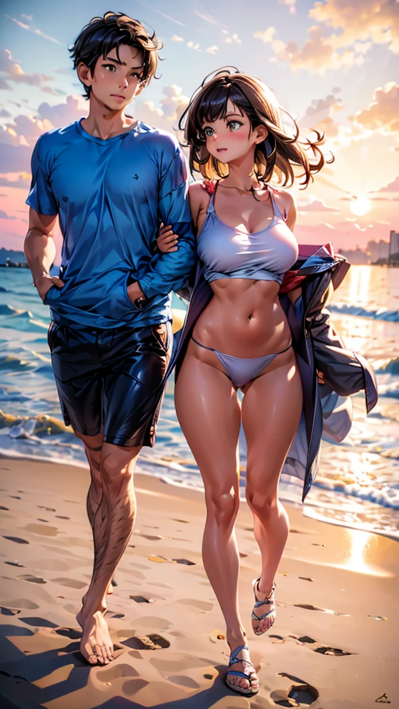 A couple running after each other on the beach The couple is wearing short clothes The girl has big hips The sunset is going on
