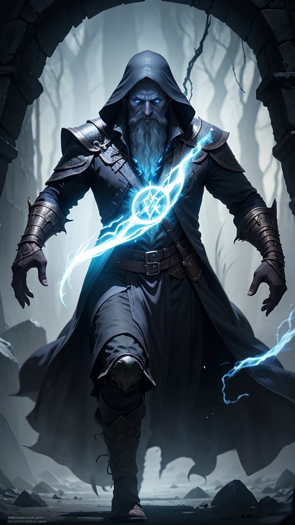 wizard entering a hole of shadows, half of his body only the rest inside the shadow, shadow magic, dark mist obfuscating, spell, rpg style, role playing, d&d, d&d style, fantasy, magic rpg
