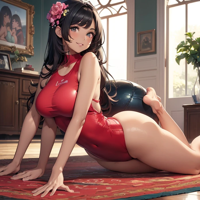 Best high Quality image, very detailed textures, carefully detailed image, absurdres, back view
{{((1character: 29 years old latina dark-tan-skin black-haired girl), (tan skin, blue-grey eyes, calm smile, absolute feminine beauty, long black hair with a pink flower at left side, thin pale lips, big breasts, voluptuous body, round big butt, beautiful arms, beautiful legs, modeling sexy on the floor), (red one-piece fitness leotard, green shoes), (house vliving room))}}