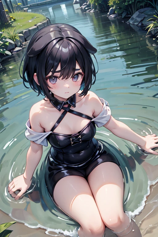 river,Dog-eared maiden,Short Hair,Black Hair,Thick eyebrows,Drowning