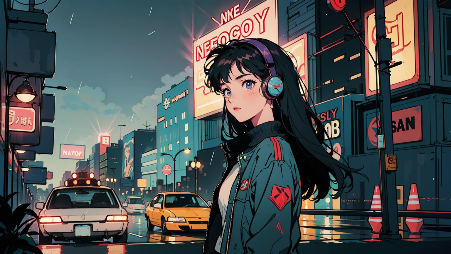 A rainy night in a neon-lit cyberpunk city, a 21-year-old woman with long hair in a vintage leather jacket stands at a crosswalk, her noise-canceling headphones tuned into a world of her own. She gazes at viewers, her expression a mix of wonder and melancholy. Around her, sleek vehicles glide past, neon signs flicker, and skyscrapers pierce the purple-blue sky. Despite the bustling city, she stands alone, caught between the past and the future.