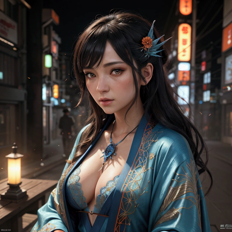 Beautiful girl in light blue and orange kimono, GLOWING CHARMING TOKYO background, dark hair, dark fantasy, intricate details, hyper detailed, Jean Baptiste Monge, Carne Griffiths, Michael Garmash, Seb McKinnon, masterpiece, OUTDOORS(1:1), portrait as a powerful sorcerer mage wizard, intricate embroidered robe, magical enchanting fantastical, 8k resolution, particle effects streaming, bright lights, Unreal Engine intricately detailed trending on Artstation