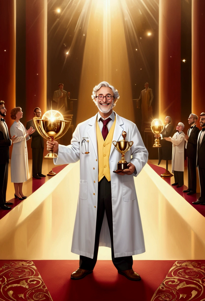 (Award-Winning Moment, holding prize), A scientist was in a solemn academic hall, with soft warm yellow lights pouring down from above, surrounded by applauding peers. He held a crystal clear trophy in his hand, with a humble smile on his face, wearing a white lab coat, and a deep red carpet on the ground, full body, award-winning, cinematic still, emotional, vignette, dynamic, vivid, (masterpiece, best quality, photorealistic, Professional, perfect composition, very aesthetic, absurdres, ultra-detailed, intricate details:1.3)