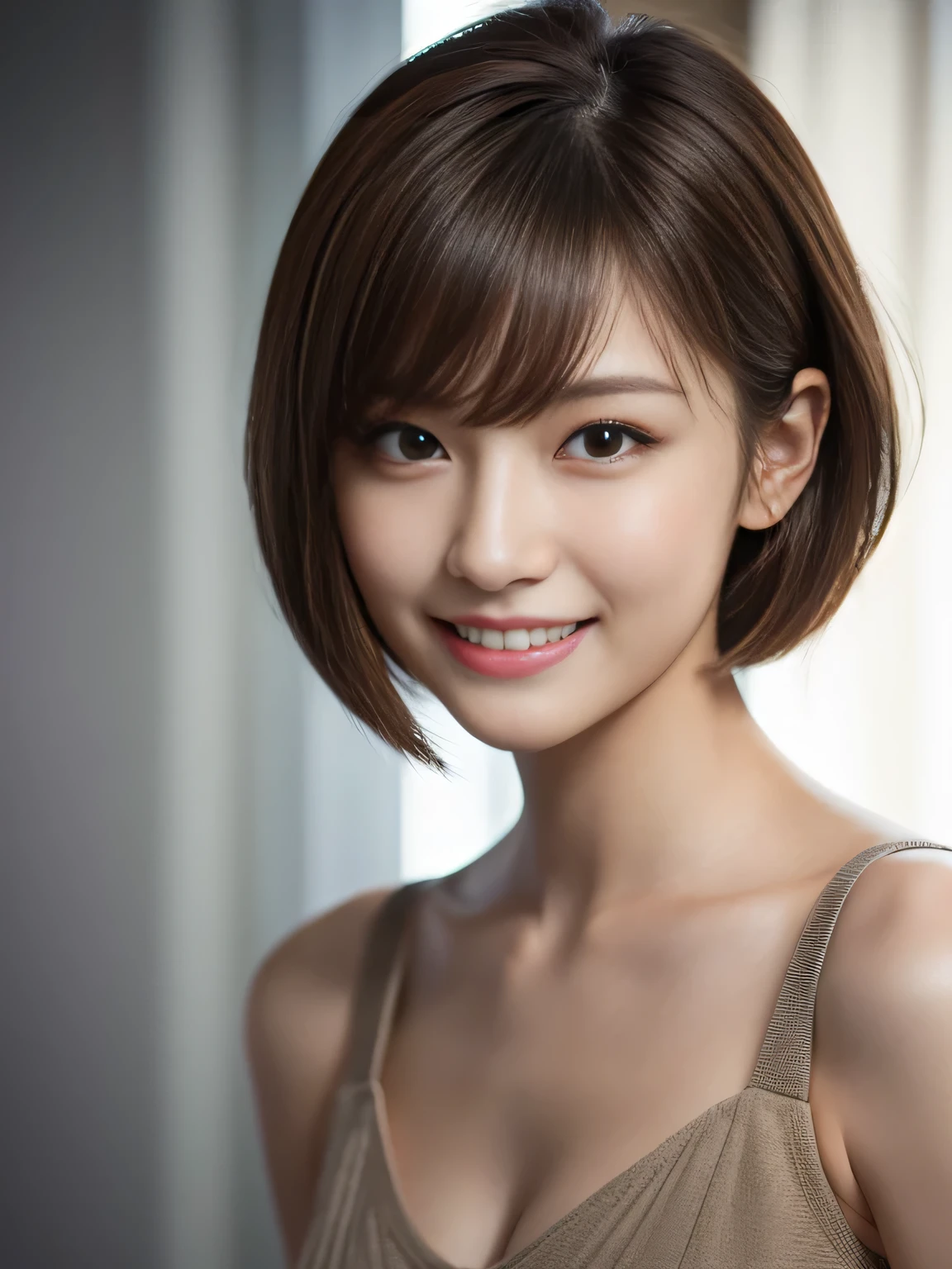 masterpiece, best quality, ultra-detailed, intricately detailed hyperdetailed, realistic, sharp features, highly detailed, sharp focus, Realistic, Photorealistic:1.3, (22 years old:1.3), perfect face, perfect symmetrically eyes, perfect full lips, hyper detailed, hyper realistic, high resolution, Fashion Model, Japanese Idol, Slender, brown hair, Stylish, model poses, Beautiful Face, light brown hair, short hair, asymmetrical bangs, (grin:1.2), (looking at viewer), cinematic lighting, grey background, (Shoulders exposed:1.2), portrait