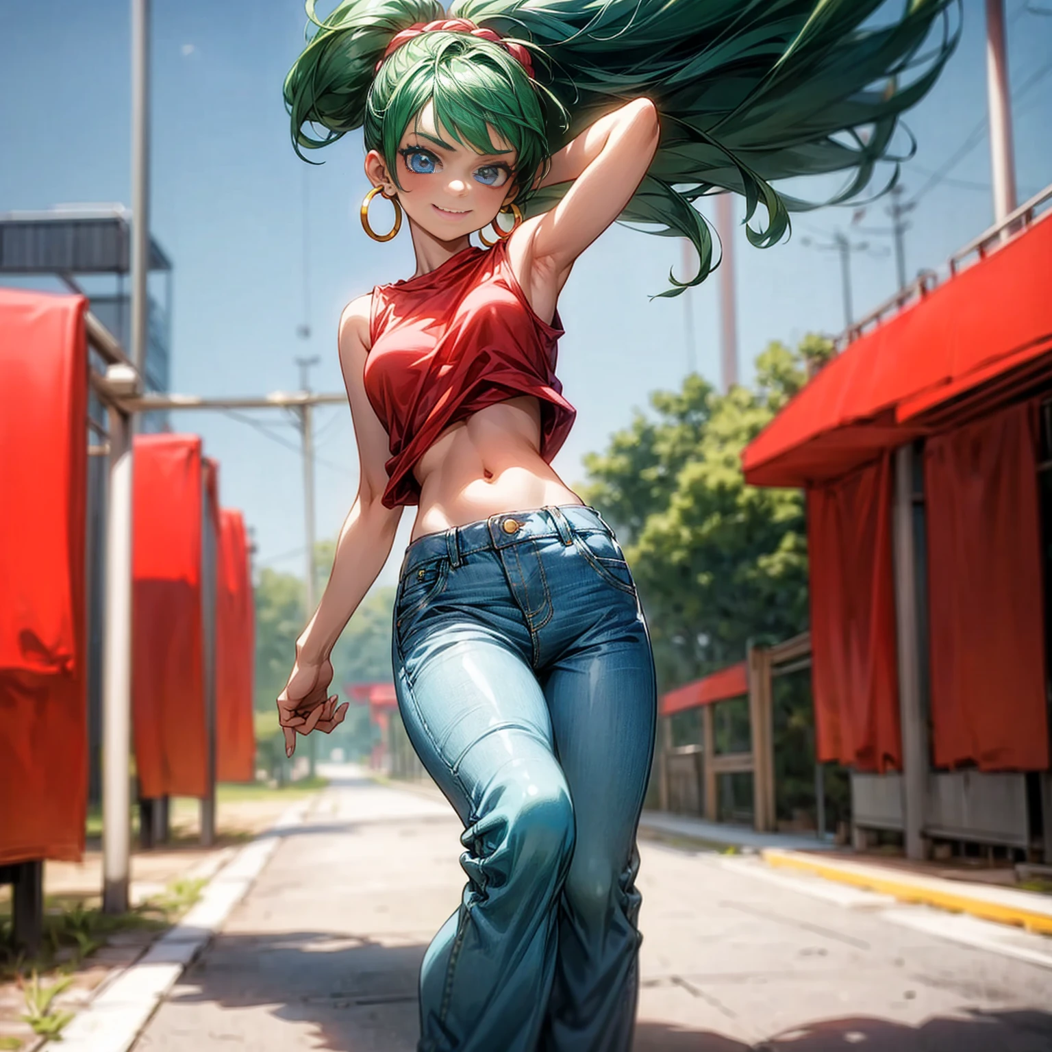 Solo character, young girl, full body version, blue eyes, green hair, short Curly hairstyle, ponytail, red sleeveless t-shirt, long jeans, white shoes, Grassroots, background outdoor room, morning day, (one piece style art), standing gesture, happy eyes, smile mouth, clown makeup, Hoop earrings