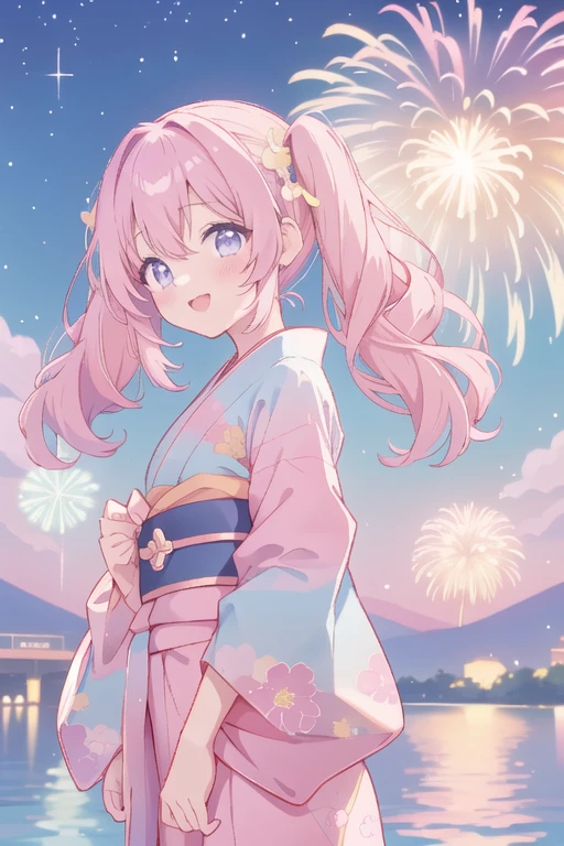 Girl with pink hair、Long twin tails、Yukata、Lake at night、Many fireworks in the sky、smiling、blush、pastel colour