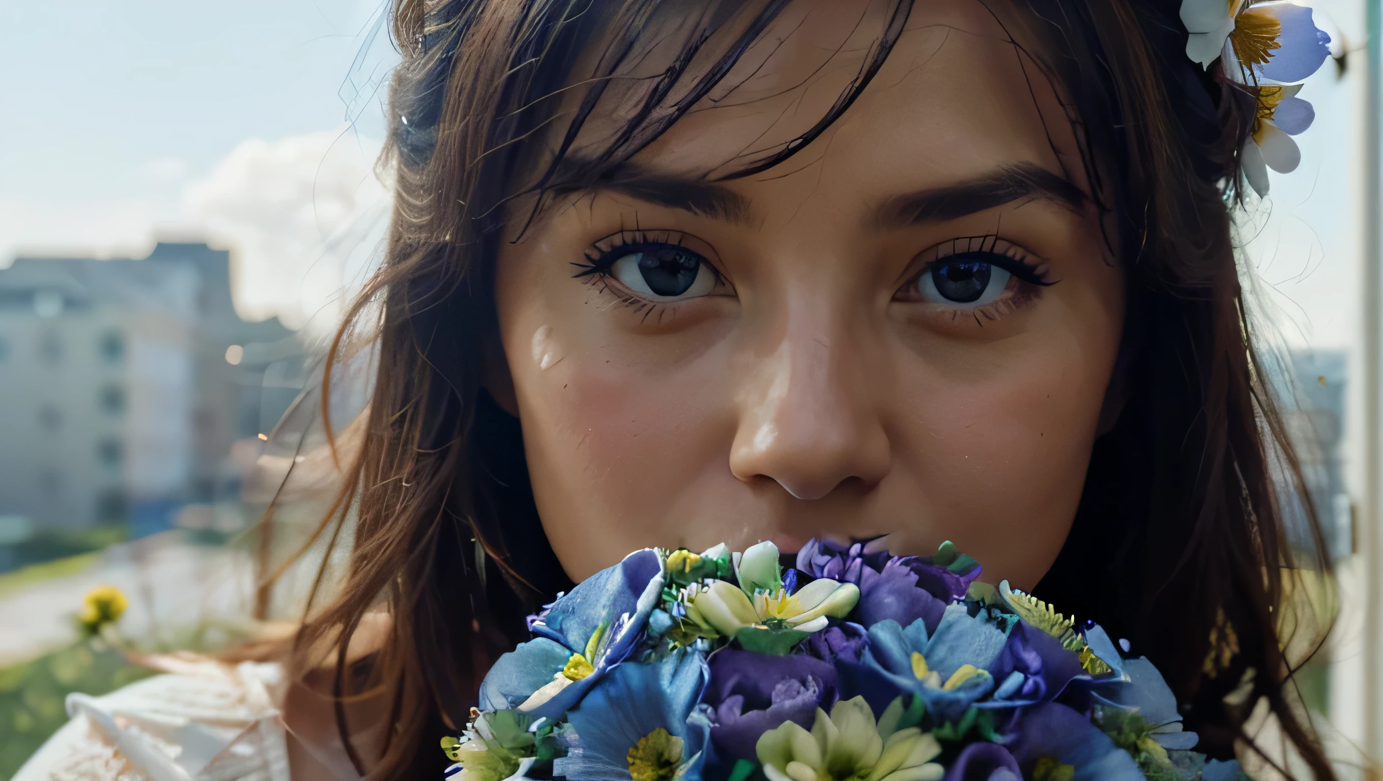 a beautiful girl azure sky with a bouquet of natural flowers, detailed flower petals, intricate floral arrangements, handwritten text that says "sky", photorealistic, 8k, masterpiece, highly detailed, warm lighting, vibrant colors, soft focus, cinematic, elegant composition