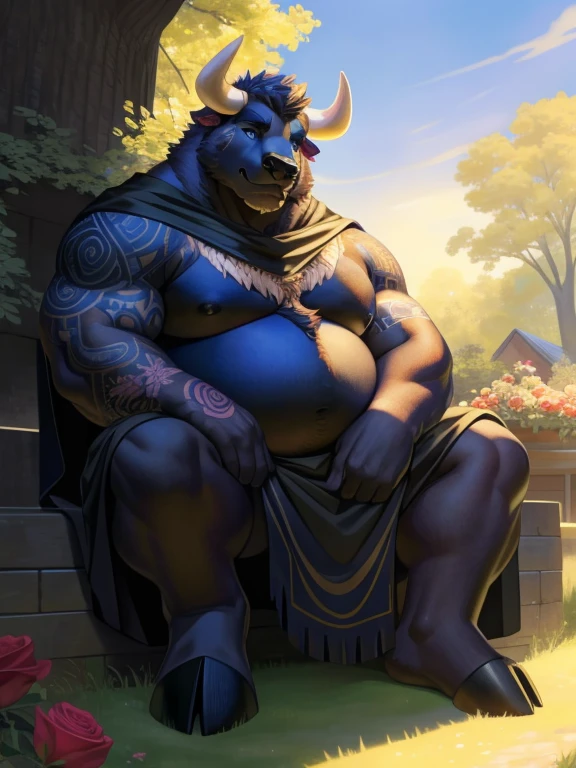 solo, anthro, furry, furry male, bull,((short fur,furry, shaggy fur, dark fur)), (floral rose garden tattooed arms, floral rose garden tattooed chest), black pupils, white sclera, black body, black fur, blue eyes, bull tail, horns, detailed fur, detailed face, detailed eyes, bare chest, (black cloak, black kilt), grassy hill, (by null-ghost,by raccoon21, masterpiece, high quality, hi-res, 8k, hd, half-light, warm lighting), daytime, stoic expression, arrogant, sitting down, looking up, butterfly on nose, relaxing, Fat male bull, fat, fat belly, fat thighs, fat arms, lovehandles, bull horns, black hooves, full sleeve tattoos on both arms, torso covered in tattoos, spiky hair, mid 40s, cloak, no shirt, kilt,