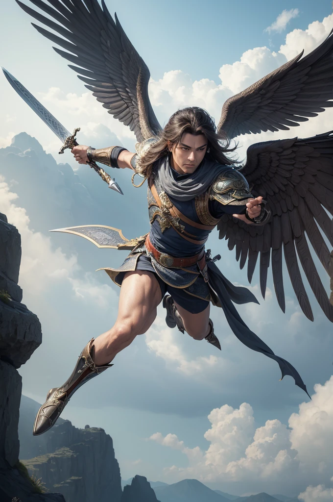 ((best quality)), ((masterpiece)), (detailed), perfect face Hero flying with large gray wings and with a sword in his hand