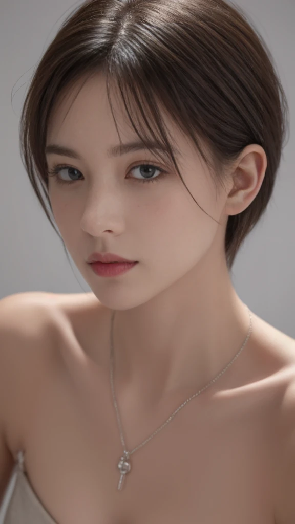 (((highest quality, 8k, masterpiece))), sharp focus, thin, cinematic lighting、perfection、soft light、high resolution skins:1.3、realistic skin texture、30 year old mature woman、small face、no makeup、short hair、dark brown hair、Detailed beautiful eyes、bust B cup、small breasts、wearing a pendant、Supermodel、cool beauty、gray background、