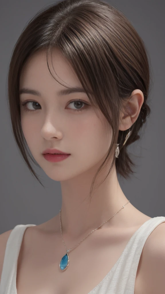 (((highest quality, 8k, masterpiece))), sharp focus, thin, cinematic lighting、perfection、soft light、high resolution skins:1.3、realistic skin texture、30 year old mature woman、small face、no makeup、short hair、dark brown hair、Detailed beautiful eyes、bust B cup、small breasts、wearing a pendant、Supermodel、cool beauty、gray background、