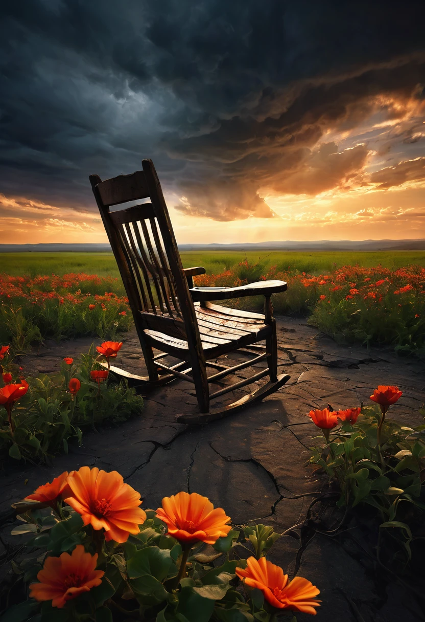 a conceptual art Under a perpetually stormy sky, in a realm where darkness reigns supreme, a single, bright and lonely light pierces the darkness, one neked woman sitting in a lonely chair, emanating of a lone rocking chair situated in a lush green field filled with vibrant flowers. This weathered wooden rocking chair radiates a soft, golden light, the last beacon of hope in a world consumed by sadness and ruin. The landscape below is a desolate expanse of cracked earth and dead vegetation, stretching into the horizon under the weight of eternal twilight. The vibrant glow of the red and orange flower casts long, dramatic shadows, illuminating the tears in the earth and the remains of a forgotten past. This moving image tells a story of resilience, where even in the depths of despair, a spark of light can bring a sense of hope and beauty. digital art, (((professional photography)))