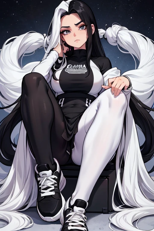 Age 22, White skin girl, almost speaks, Bblack hair, extremely long hair, Cramped, black pantyhose, black sneakers, Bblack hair, hair between the eyes, White hair, cloused mouth, range, cabelo bagunçado saia formal Bblack hair grande extremely long hair olhos cinzas