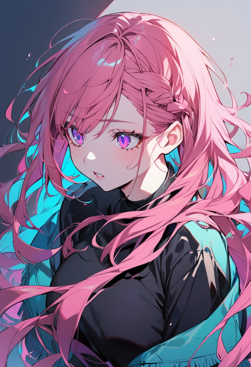 1 girl, Alone, Long hair, breasts, violet eyes, loop hair, Chapped lips, fringe, pink hair, black shirt, bloomed turquoise jacket, turquoise diver