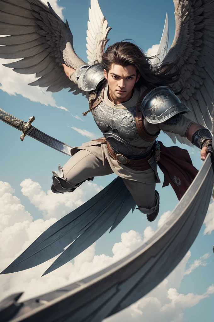 ((best quality)), ((masterpiece)), (detailed), perfect face Hero flying with large gray wings and with a sword in his hand