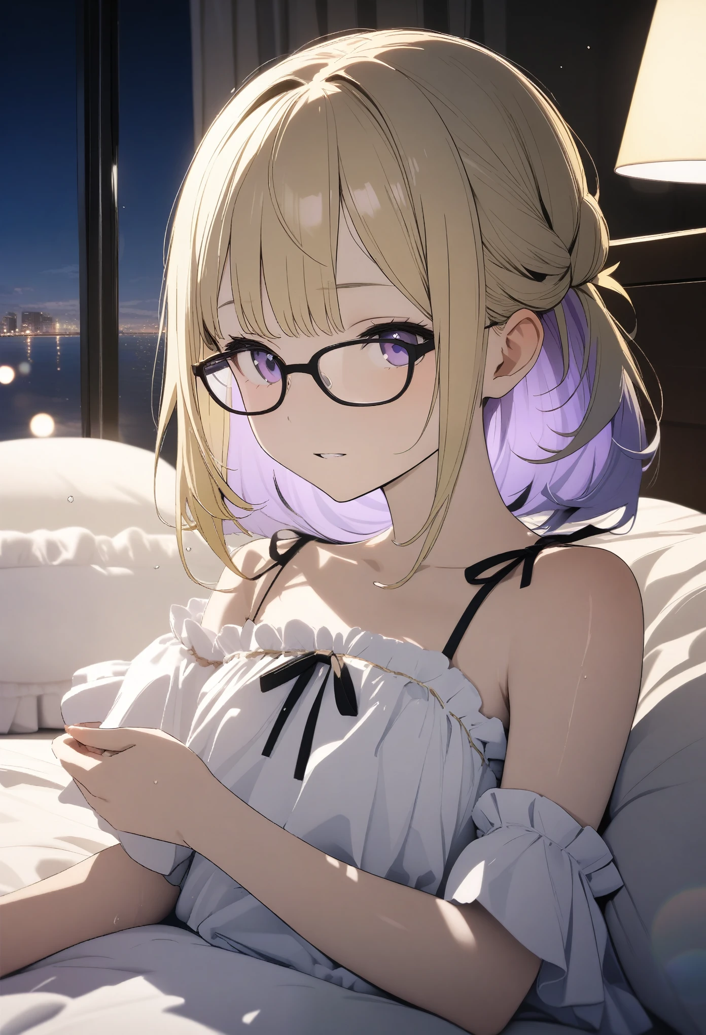 14-year-old girl, ((High-end sexy luxury、Glasses))、(Blonde、Light purple inner color hairstyle), Beautiful Hair, Facial Contour, Remember, Hotel, moonlight、splash, Lens flare,, Natural Color, High resolution, Very delicate, Very detailed, 8k,（Breast swelling、About B cup）、(Shyness),((Sexual))、bed、(Sexualな画角)
