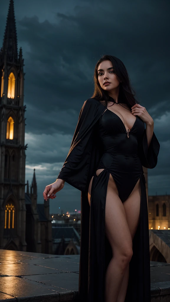 the beautiful female Vampire wearing the skimpiest of robes stands on the cathedral rooftop overlooking the ancient Gothic city at night in the rain