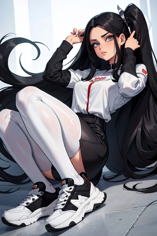Age 22, White skin girl, almost speaks, Bblack hair, extremely long hair, Cramped, black pantyhose, black sneakers, Bblack hair, hair between the eyes, White hair, cloused mouth, range, cabelo bagunçado saia formal Bblack hair grande extremely long hair olhos cinzas