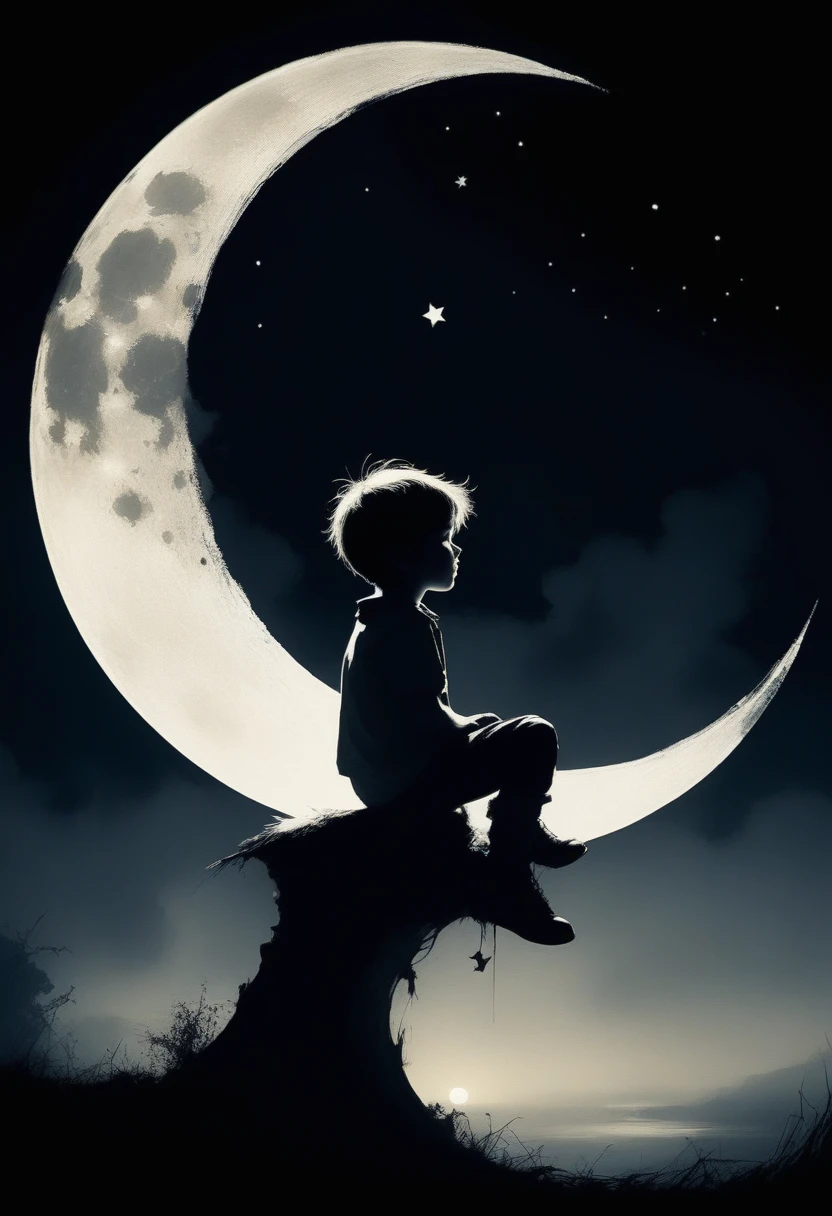 Introductory screensaver of the film company Dream Works. Ashley Wood style, chemiluminescence. (animation. Boy sitting on a crescent moon, Night, 1 moon, Romance, fairytale background) (Minimalism: 1), detail tracing... Stephen Gammell style - Iai in the style of Stephen Gammell