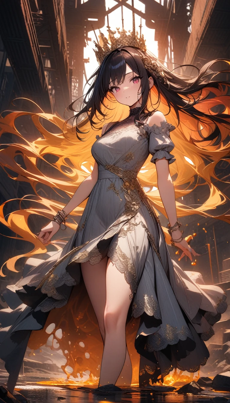 ((best quality)) , ((masterpiece)) , (detailed),Color splash, (((1girl))) , wearing Shabby Chic Wrap dress, has metallic plating, Colored hair, Fossil fuel power station in background,Extremely gorgeous metal style, Metal crown with ornate stripes, Various metals background, ((Sputtered molten iron, floating hair, Hair like melted metal, Clothes made of silver, Clothes with gold lace, flowing gold and silver, everything flowing and melt, flowing iron, flowing silver, lace flowing and melt))